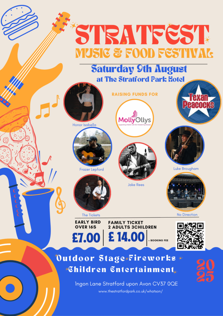Stratfest 2025 flyer promoting music and food festival at The Stratford Park Hotel in Warwickshire